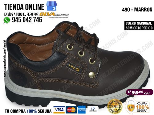 490 marron zapatos en cuero peruano para nino semiortopedico