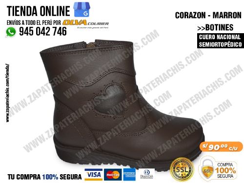 botin corazon marron en cuero peruano para nina semiortopedico